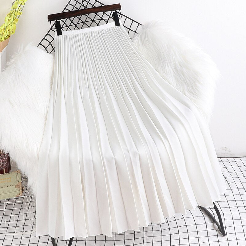 Yipinpay 2023 Spring Autunn Pleated Skirt Women Casual Fashion Elegant Solid Color High Waist Long Midi Skirts Ladies Chic Saia