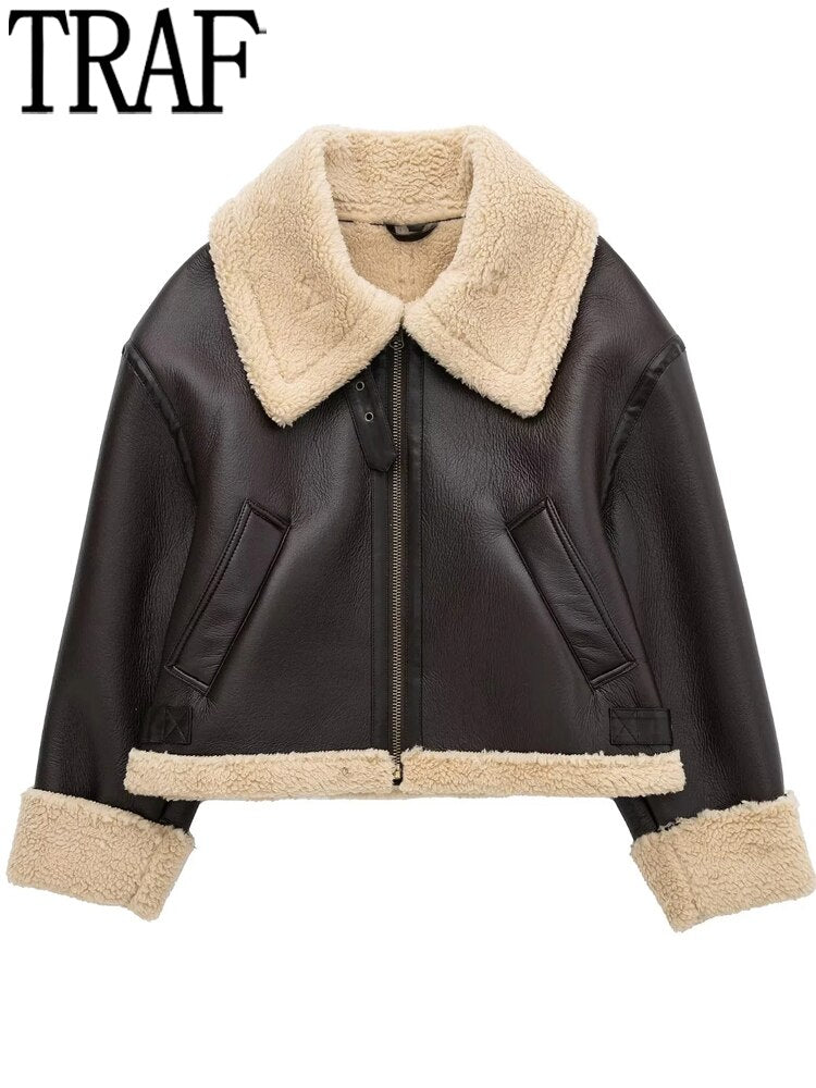 Yipinpay Brown Fleece Jacket Women Double Faced Cropped Jacket Autumn Zip Up Short Jacket Female Very Warm Woman Winter Coat 2023