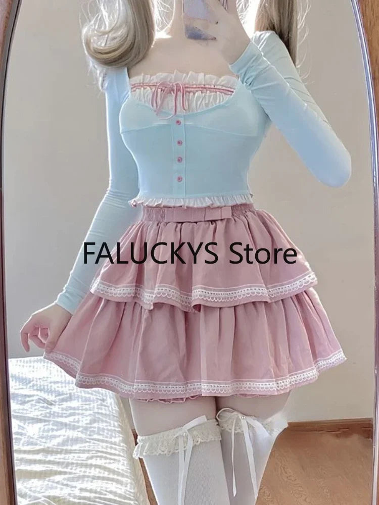 Yipinpay Winter Sweet 2 Piece Set Women Evening Party Slim Elegant Blouse + Office Lady Casual Outwaer Mini Skirt Korean Fashion