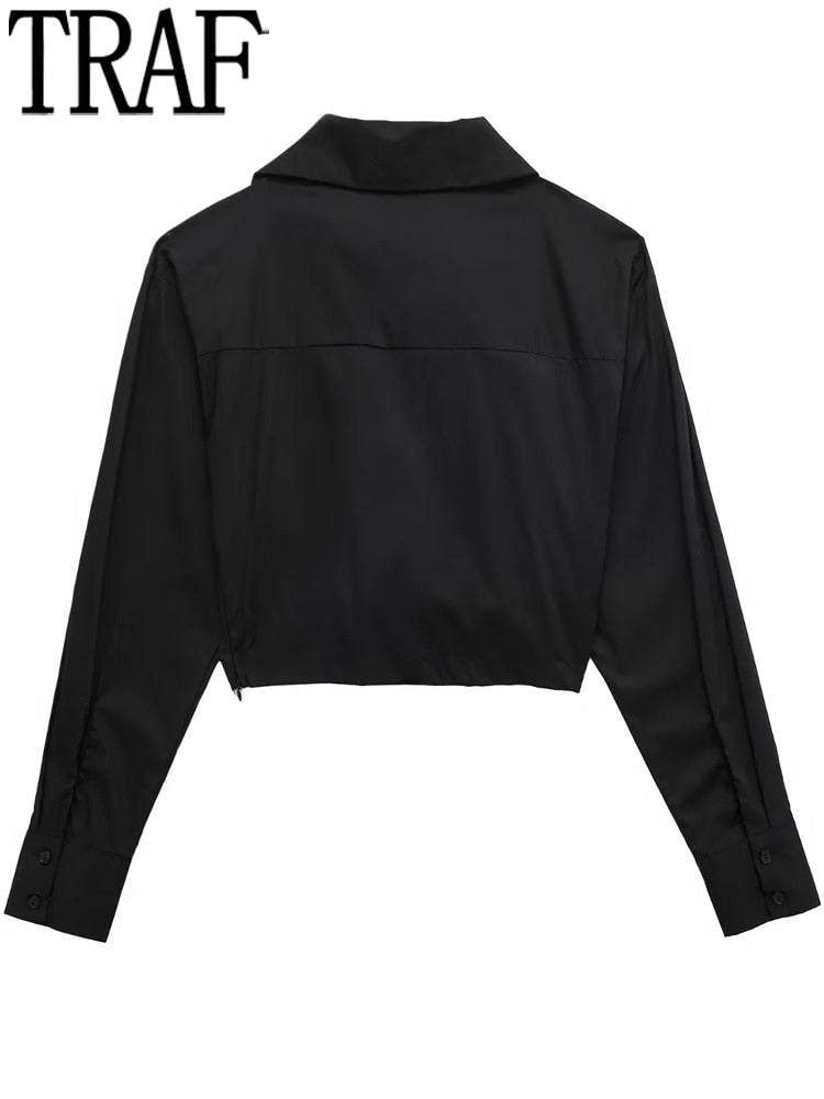 Yipinpay Knot Black Shirt Women Cropped Shirts And Blouses Women Casual Chic Woman Blouse Fashion Streetwear Long Sleeve Top Female