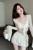 Yipinpay Girl Pure Sexy Suit Women's Autumn Lace Halter Neck V-Neck Top Irregular High Waist Chiffon Mini Skirt FashionTwo-piece Set