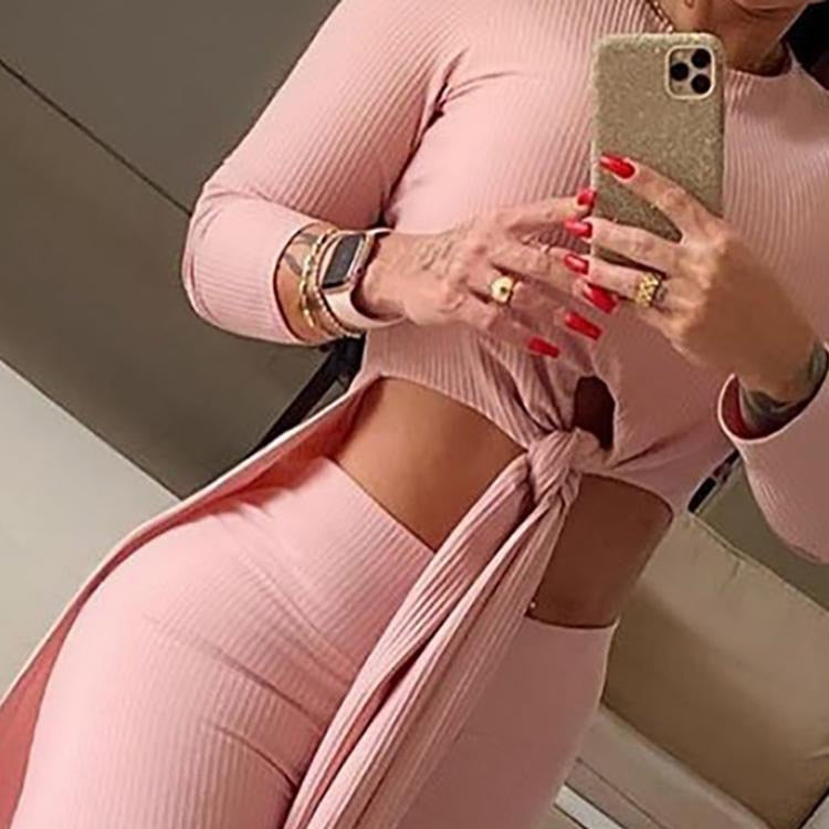 Yipinpay Women Round Neck Long-sleeved Split-knot Top & High-waisted Trousers Two-piece Suit Female Casual Pants Set Solid Color  2023 Ne
