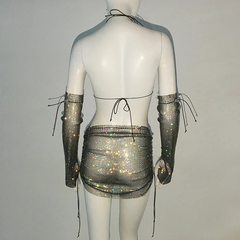 Yipinpay Women's Set Fishnet Rhinestone Dress Halter And Skirt And Arm Cuff Dress Lady's Temperament Elegant Three-Piece Outfits