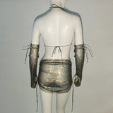 Yipinpay Women's Set Fishnet Rhinestone Dress Halter And Skirt And Arm Cuff Dress Lady's Temperament Elegant Three-Piece Outfits