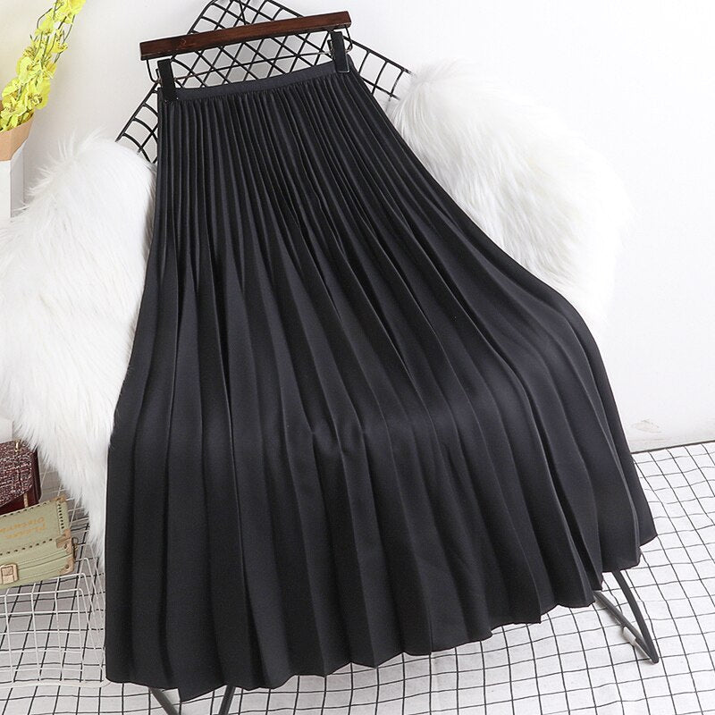 Yipinpay 2023 Spring Autunn Pleated Skirt Women Casual Fashion Elegant Solid Color High Waist Long Midi Skirts Ladies Chic Saia