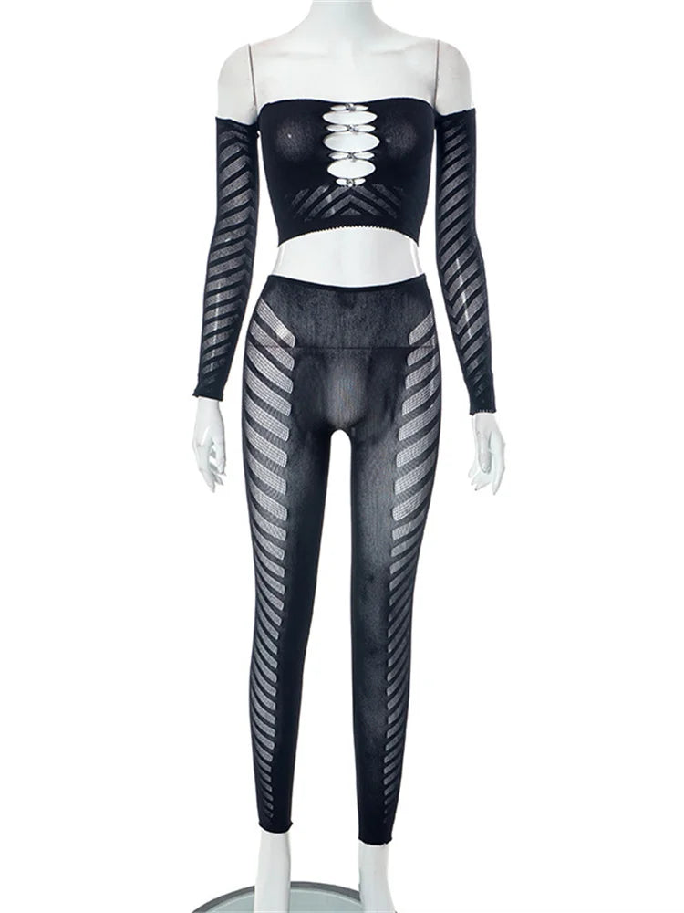 Yipinpay Simenual Baddie Fashion Mesh Tansparent Two Piece Sets Hotsweet Sexy Hollow Out Crop Tops Skinny Pants High Elastic Co Ord Suits