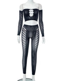 Yipinpay Simenual Baddie Fashion Mesh Tansparent Two Piece Sets Hotsweet Sexy Hollow Out Crop Tops Skinny Pants High Elastic Co Ord Suits