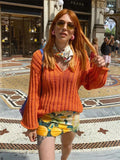 Yipinpay V-Neck Oversized Women's Sweater Long Sleeve Hollow Out Striped Knit Tops Winter 2024 Trend Casual Loose Pullover Sweaters