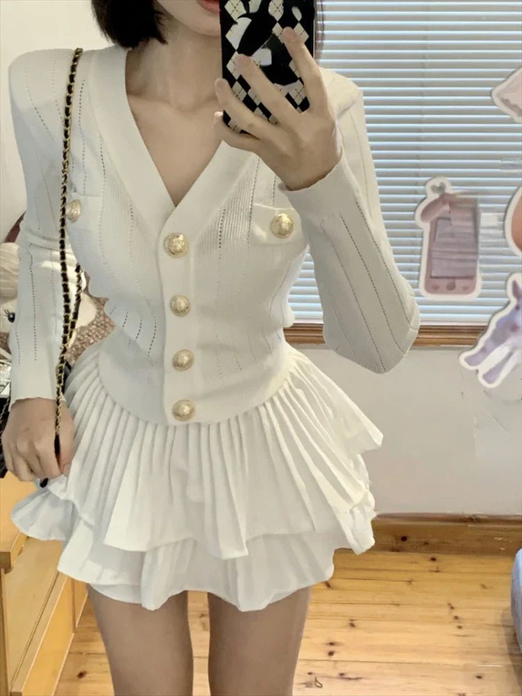 Yipinpay Casual Knitted Sweater Tops Casual Slim Y2k Mini Skirt Party Elegant Clothing Korean Fashio 2 Piece Set Skirt Woman 2024