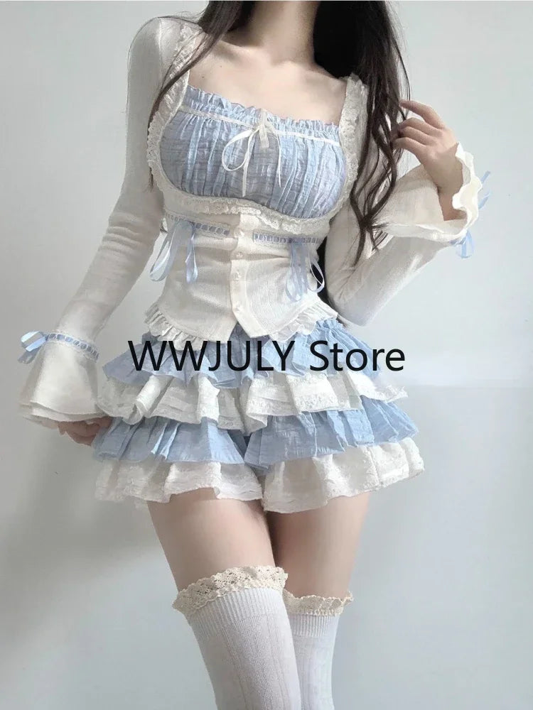 Yipinpay Summer Kawaii Lolita Suit Japanese Style Slim Lace Tops + Bodycon Y2k Mini Skirt Fashion Cake Skirt Girls Party 2 Piece Set