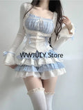 Yipinpay Summer Kawaii Lolita Suit Japanese Style Slim Lace Tops + Bodycon Y2k Mini Skirt Fashion Cake Skirt Girls Party 2 Piece Set