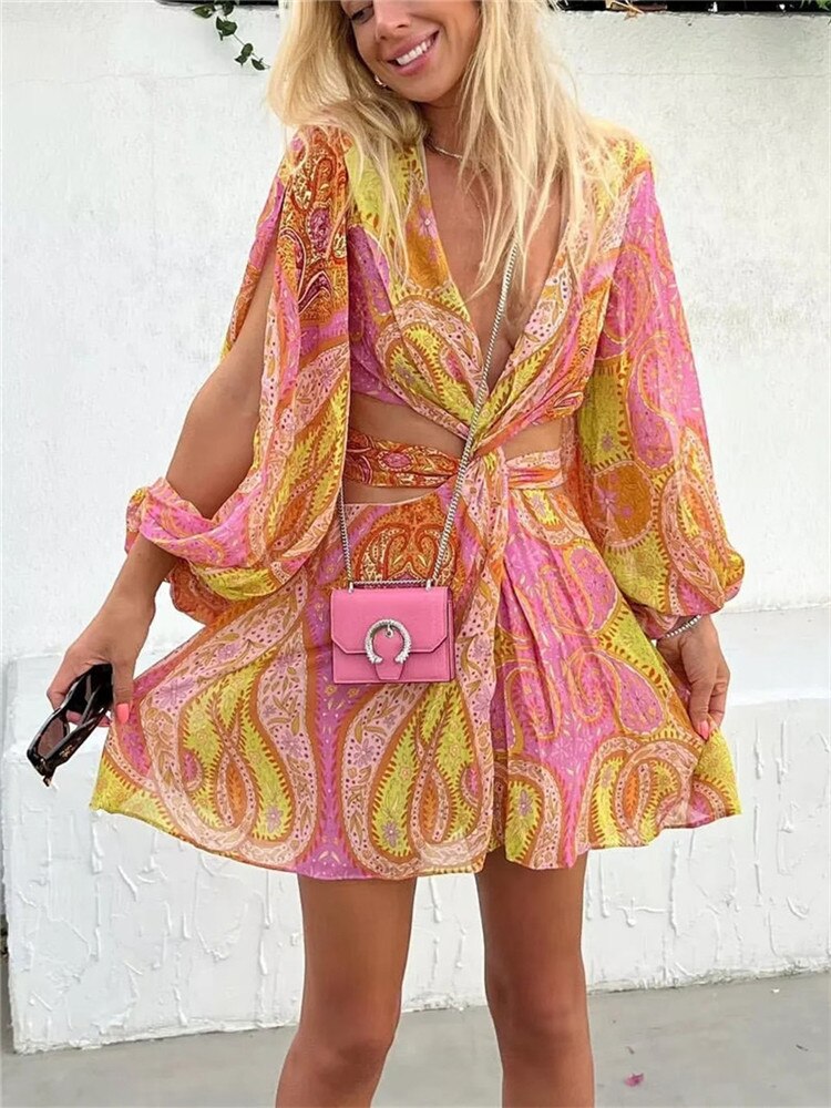 Yipinpay 2023 Print Cut Out Dress Women Short Boho Chiffon Dress Woman Slit Long Puff Sleeve Summer Dresses Beach Sexy Party Dresses
