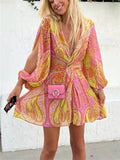 Yipinpay 2023 Print Cut Out Dress Women Short Boho Chiffon Dress Woman Slit Long Puff Sleeve Summer Dresses Beach Sexy Party Dresses