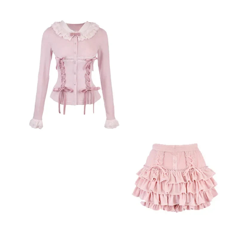 Yipinpay Japanese Kawaii 2 Piece Skirt Set Women Sweet Bow Knitted Tops Cute Mini Cake Skirt Korean Fashion Spring Autumn Skirt Suit