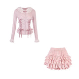 Yipinpay Japanese Kawaii 2 Piece Skirt Set Women Sweet Bow Knitted Tops Cute Mini Cake Skirt Korean Fashion Spring Autumn Skirt Suit