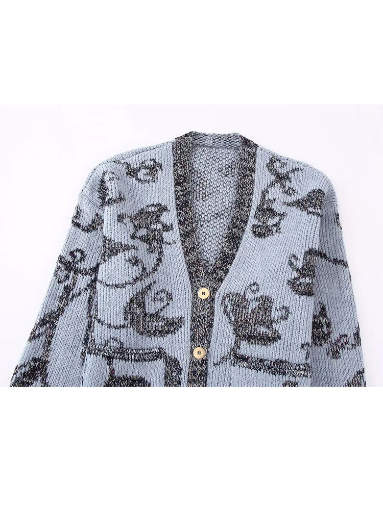 Yipinpay 2023 Knitted Cardigan Women Jacquard Vintage Knit Sweater Woman Winter Long Sleeve V Neck Sweater Women's Warm Cardigan