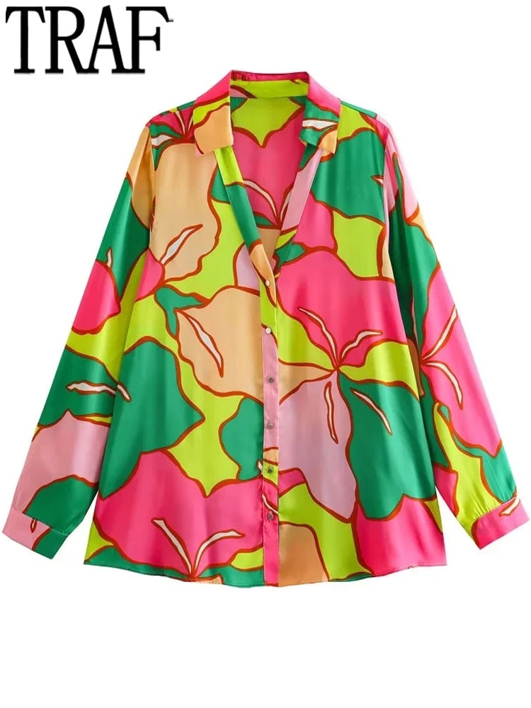 Yipinpay 2023 Pink Print Satin Shirt Woman Vintage Button Up Shirt Women Long Sleeve Top Female Casual Loose Blouses Hawaiian Shirt