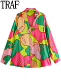 Yipinpay 2023 Pink Print Satin Shirt Woman Vintage Button Up Shirt Women Long Sleeve Top Female Casual Loose Blouses Hawaiian Shirt