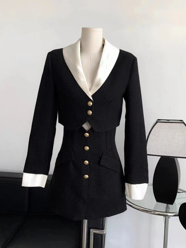 Yipinpay Winter Elegant Blazer Skirt Set Outfits Black Fashion 2 Piece Set Office Lady Y2k Crop Tops Slim Mini Skirt Woman Korean