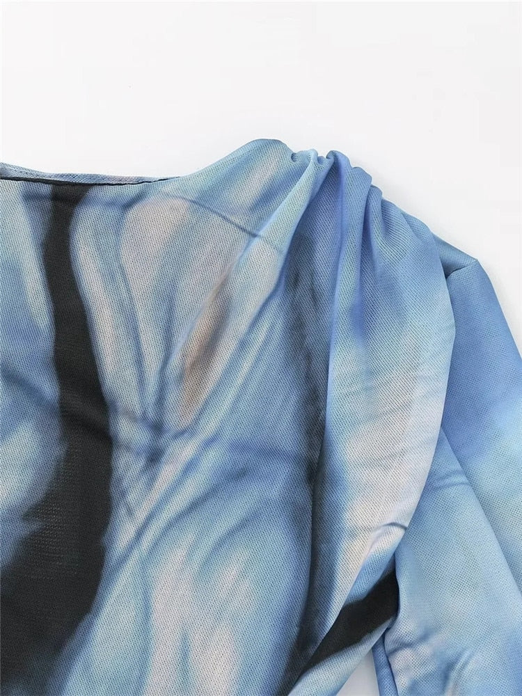 Yipinpay 2023 Blue Print Mesh Top Female Vintage Tulle Crop Top Women Ruched Chic Woman Blouse Long Sleeve Elegant Women's Blouses