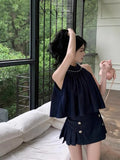 Yipinpay Hot Girl Retro Suit Women's Summer Halter Neck Off Shoulder Tank Top Denim Pleated Skirt Two-piece Set Female Clothes