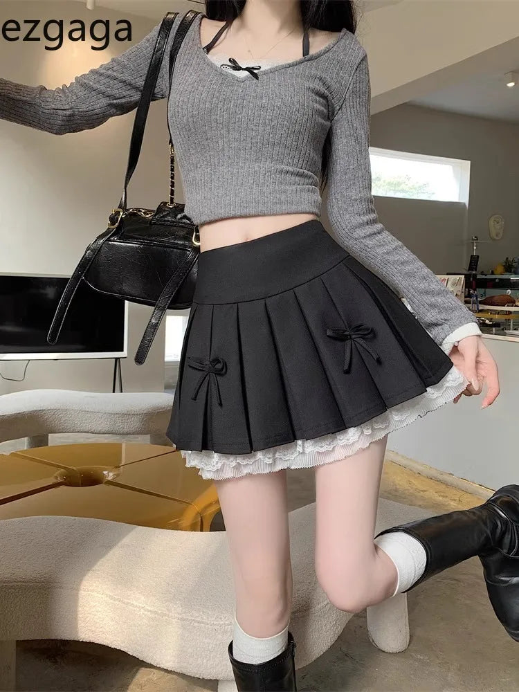 Yipinpay Pleated Skirts Women Sexy Bowknot High Waist Lace Patchwork Spring Fashion Culottes Sweet Firl Mini Skirt Casual