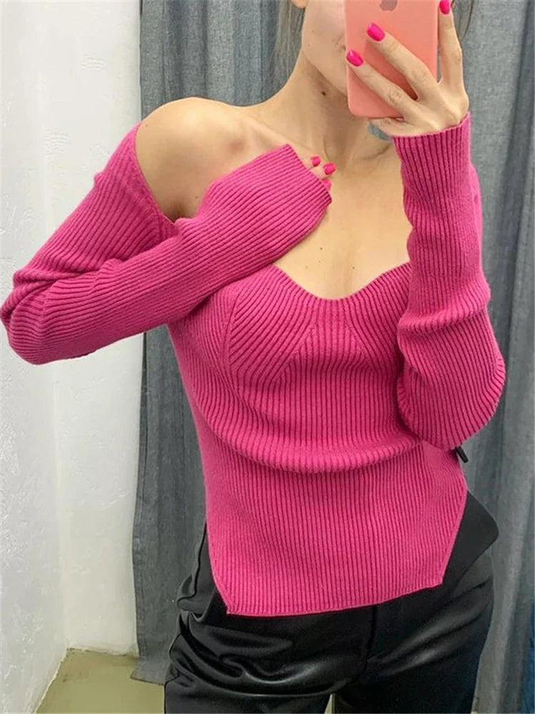 Yipinpay Long Sleeve Sweater 2024 Autumn Women Knit Ribbed Top Ladies Casual Knitted Tops Pullover Off-Shoulder Knitwear Black