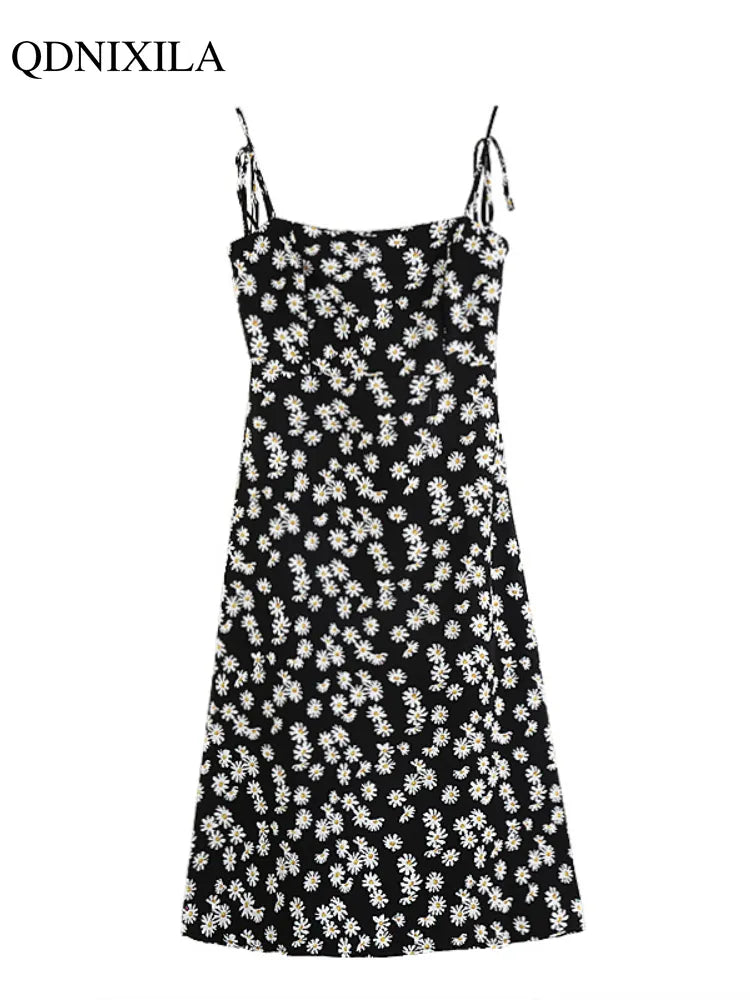 Yipinpay 2023 Floral Printed Women's Dress Vintage French Elegant Casual High Waist Thin Off Shoulder Sleeveless Midi Slip Dresses