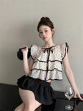 Yipinpay Sweet Shirts Women Polka Dot Lace Up Flying Sleeve Square Collar Crop Tops Slim Elegant Blouse Female Summer Casual