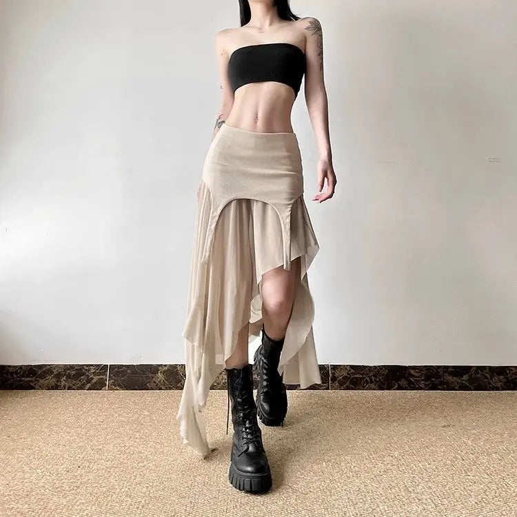 Yipinpay Spicy Girl Style Light and Thin Split Mesh Irregular Skirt for Women High Waist Slim Versatile Mid Length y2k Skirt
