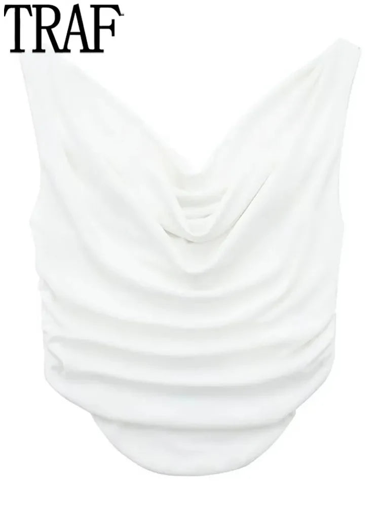 Yipinpay 2023 Pink Crop Top Women Ruched Tank Tops Y2k Streetwear Sleeveless Sexy Tops Woman Fashion Asymmetric Summer White Top