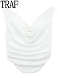 Yipinpay 2023 Pink Crop Top Women Ruched Tank Tops Y2k Streetwear Sleeveless Sexy Tops Woman Fashion Asymmetric Summer White Top