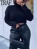 Yipinpay Black Turtleneck Women Sweater Cropped Knitted Sweater Woman Winter Thick Sweaters For Women 2023 Pullover Ribbed Knit Top