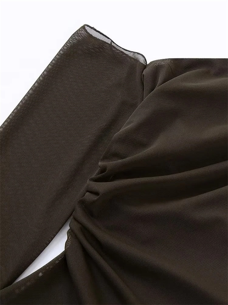 Yipinpay Brown Mesh Bodysuit Women Long Sleeve Body Woman Tulle See Through Bodysuit Lingerie Sexy Off Shoulder Asymmetrical Top