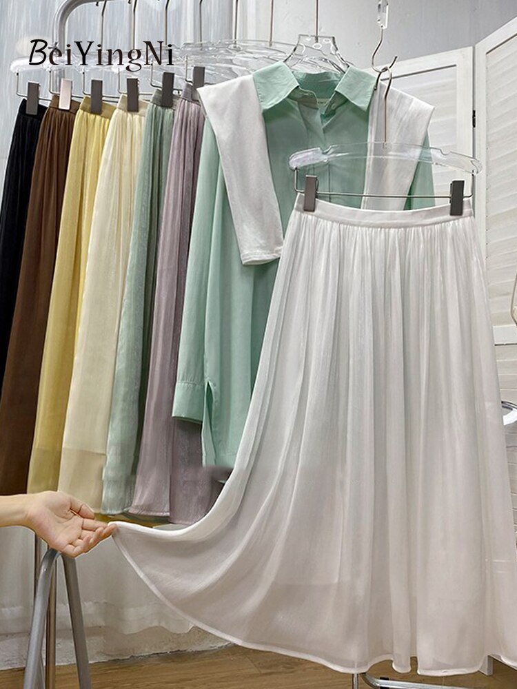 Yipinpay 2023 New Stylish Chiffon Pleated Skirt Women Solid Color Elegant Luxury Princess Fairy Midi Skirts Ladies Gentle Jupes