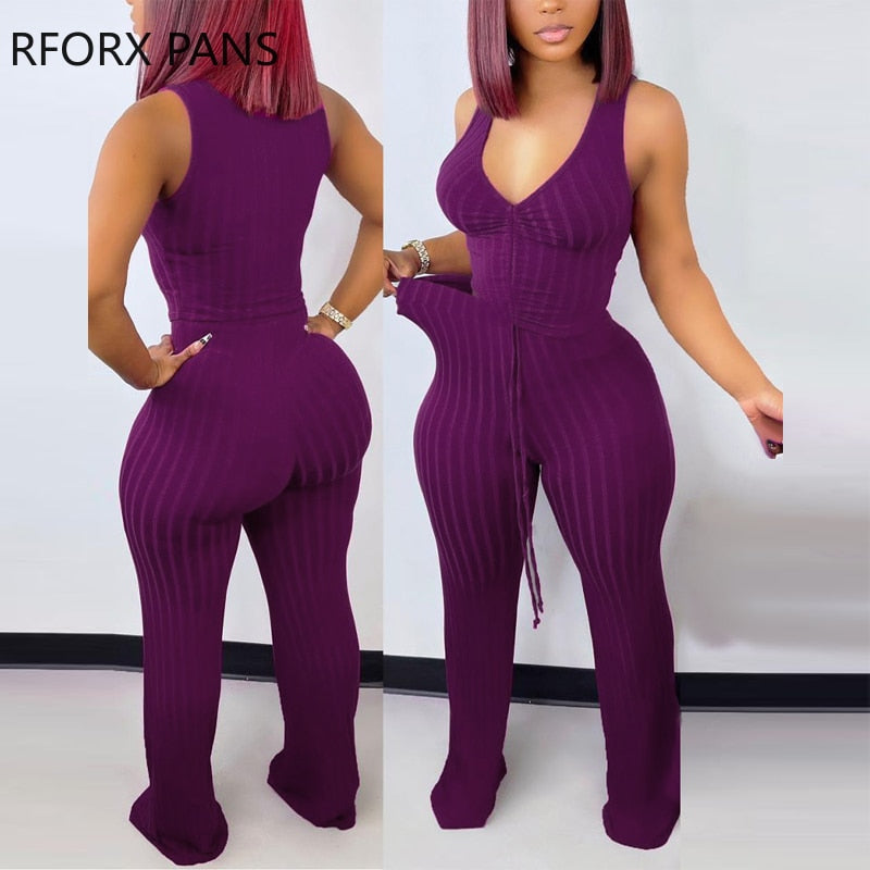 Yipinpay Women Elegant Solid Sleeveless Sexy Cami Crop Tops Shirring V Neck  Long Pants Straight Pants Sets