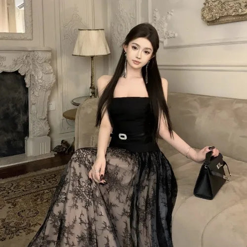 Yipinpay Sexy Hot Girl Suit Women's Autumn/Winter Diamond Buckle Belt Strapless Top High Waist A-line Yarn Long Skirt Two-piece Set