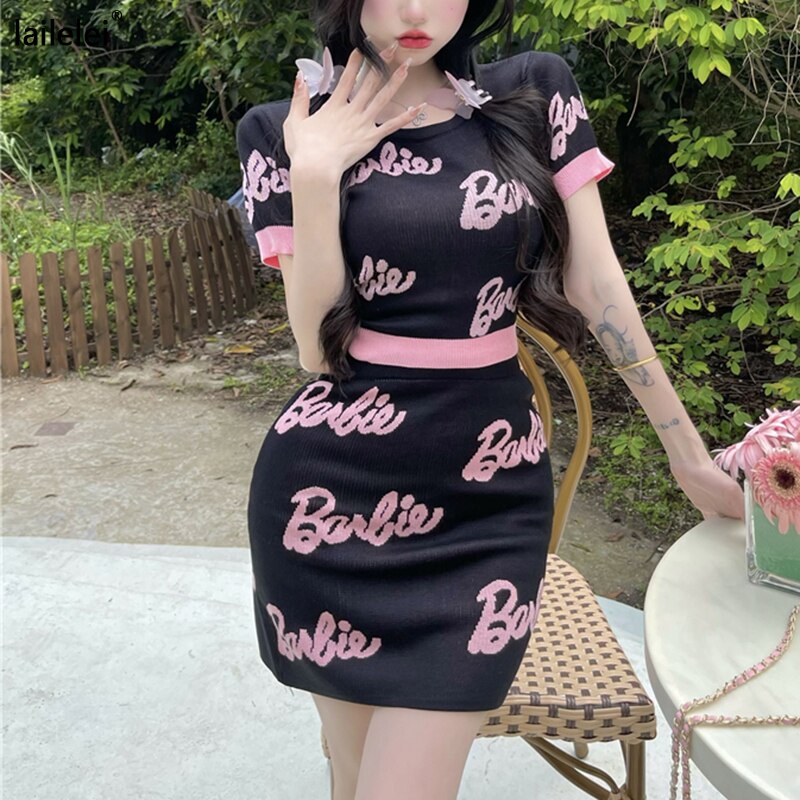 Yipinpay Knit Two Piece Set Top and Skirt O-Neck Crop Tops Women Kawaii Komplet Damski Lato Matching Sets Sexy Club Outfits Pink