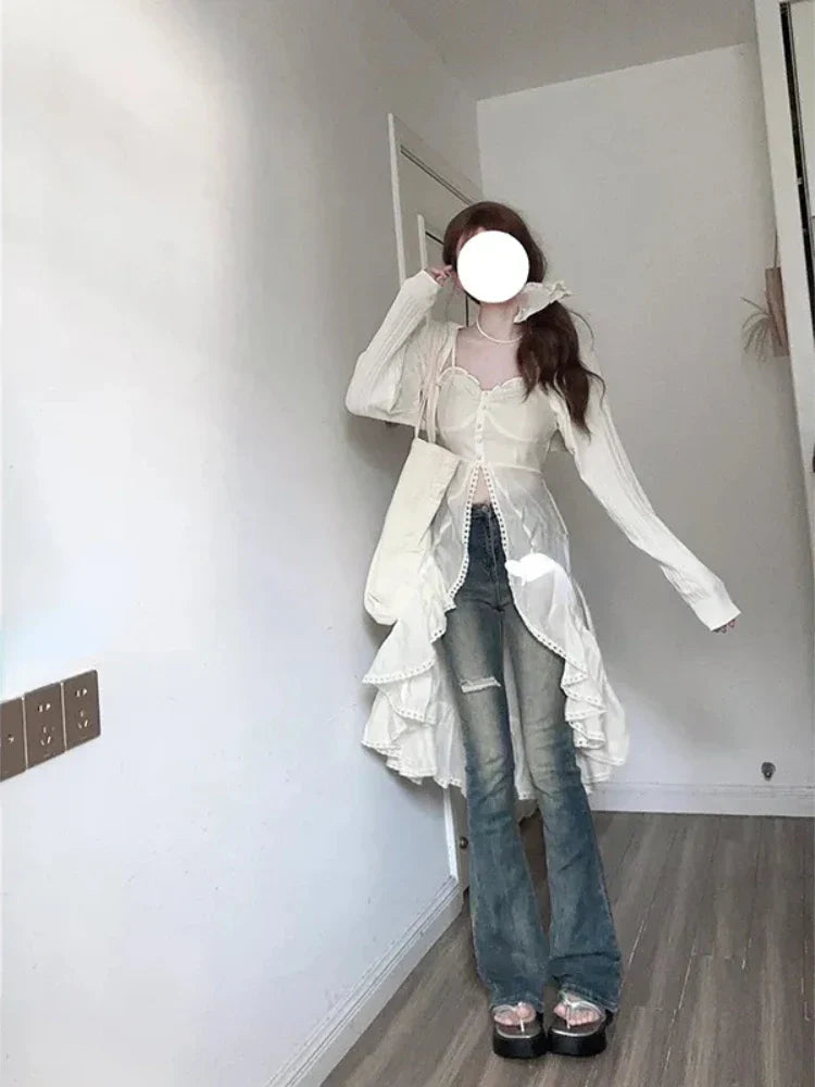 Yipinpay Fashion Outfits 2 Piece Skirt Set Sexy Strap Dress + Beige Long Tops Ruched Mori Girl Simple 2024 Summer Korean Fashion