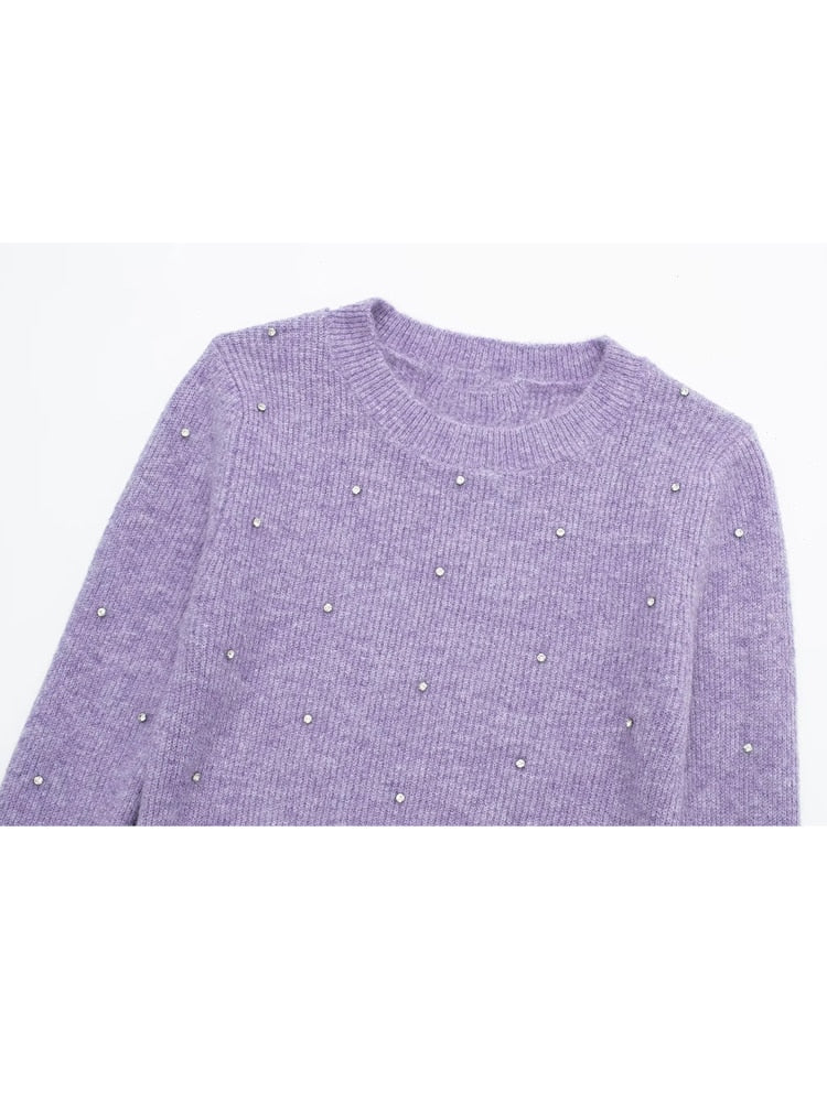 Yipinpay 2023 Purple Knitted Sweater Women Beaded Ruffle Cropped Sweater Woman Jumper Long Sleeve Knit Top Autumn Women's Pullover