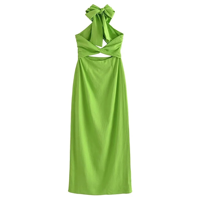 Yipinpay 2023 Cut Out Halter Dress Woman Green Backless Long Dress Women Summer Sexy Party Dresses Holiday Off Shoulder Midi Dresses