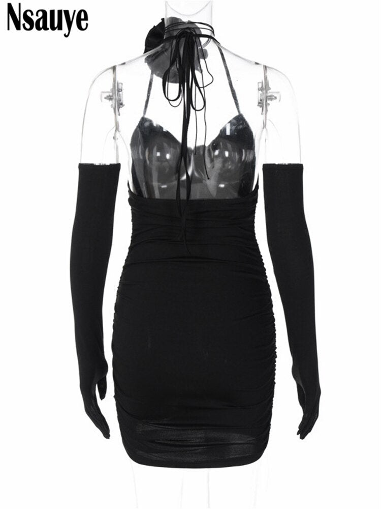 yipinpay 2023 Evening Sexy Party Birthday Fashion Summer Club Halter Mini Bodycon Dress Backless Women Elegant Dress With Gloves