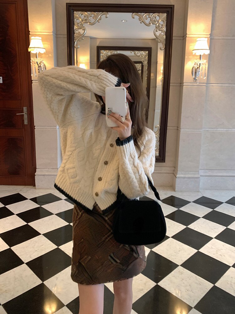 Yipinpay Autumn Pure Color Casual Tops Korean Fashion Y2k Clothing Woman Elegant Knitted Sweater Cardigan Long Sleeve Design Chic