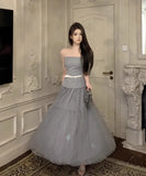 Yipinpay Sexy Hot Girl Suit Women's Autumn/Winter Diamond Buckle Belt Strapless Top High Waist A-line Yarn Long Skirt Two-piece Set