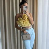 Yipinpay 2023 Flower Corset Top Female Off Shoulder Crop Tops For Women Organza Backless Summer Sexy Tops Woman Sleeveless Tank Top