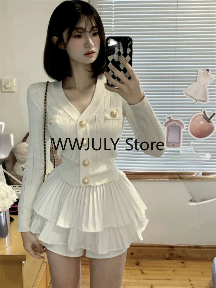Yipinpay Casual Knitted Sweater Tops Casual Slim Y2k Mini Skirt Party Elegant Clothing Korean Fashio 2 Piece Set Skirt Woman 2024
