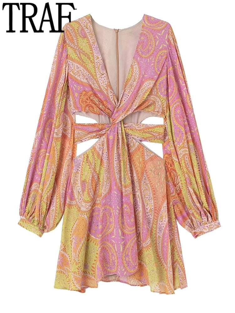 Yipinpay 2023 Print Cut Out Dress Women Short Boho Chiffon Dress Woman Slit Long Puff Sleeve Summer Dresses Beach Sexy Party Dresses