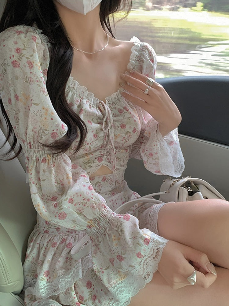 Yipinpay Summer Sweet 2 Piece Dress Set Woman Korean Fashion Suit Beach Floral Y2k Mini Skirt + Casual Lace Crop Tops Elegant Chic