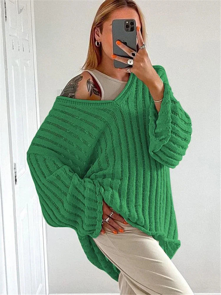 Yipinpay V-Neck Oversized Women's Sweater Long Sleeve Hollow Out Striped Knit Tops Winter 2024 Trend Casual Loose Pullover Sweaters