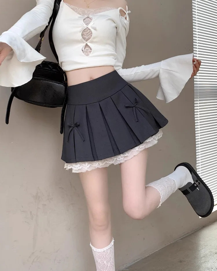 Yipinpay Pleated Skirts Women Sexy Bowknot High Waist Lace Patchwork Spring Fashion Culottes Sweet Firl Mini Skirt Casual